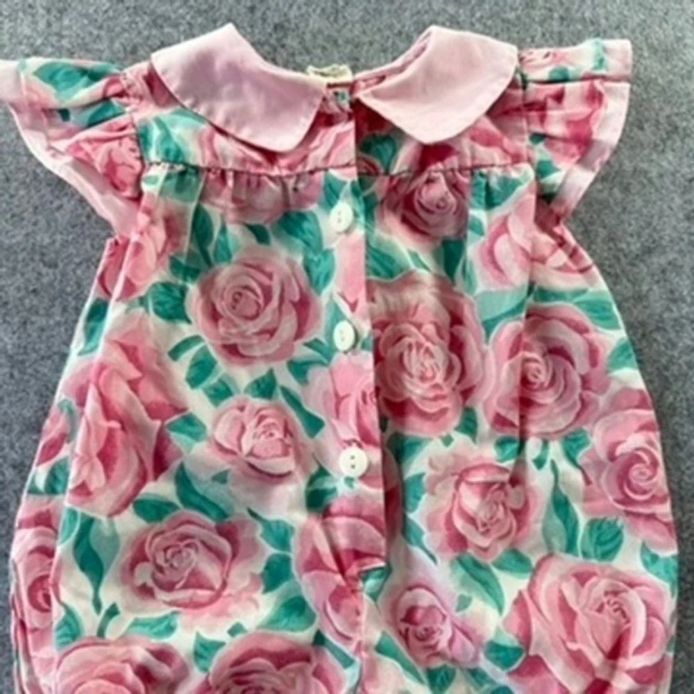 Vintage 12M Baby Girl Floral Rose Bubble‎ Romper Pink Peter Pan Collar